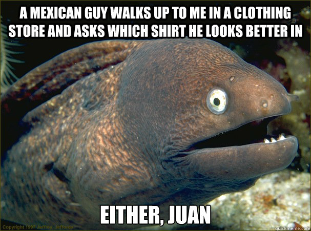 A Mexican guy walks up to me in a clothing store and asks which shirt he looks better in Either, Juan  Bad Joke Eel