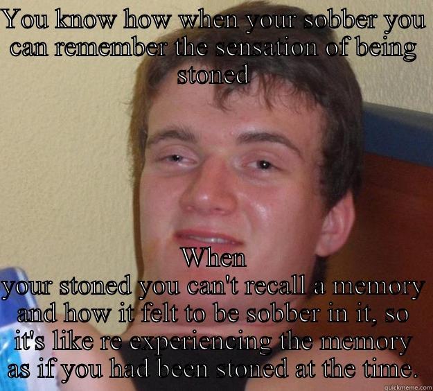 YOU KNOW HOW WHEN YOUR SOBBER YOU CAN REMEMBER THE SENSATION OF BEING STONED WHEN YOUR STONED YOU CAN'T RECALL A MEMORY AND HOW IT FELT TO BE SOBBER IN IT, SO IT'S LIKE RE EXPERIENCING THE MEMORY AS IF YOU HAD BEEN STONED AT THE TIME. 10 Guy