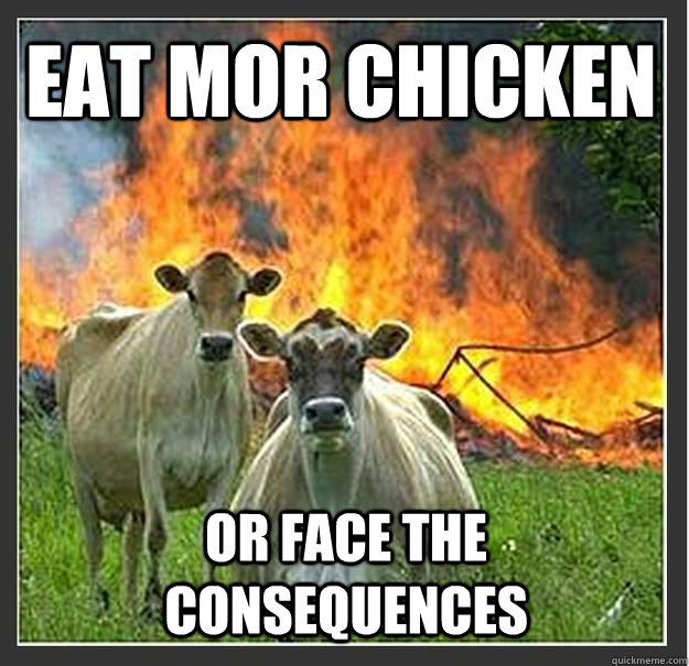 Eat MOR CHICKEN or face the consequences  Evil cows