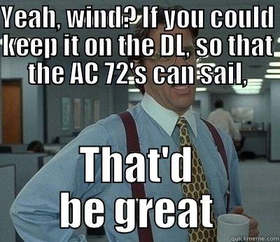 YEAH, WIND? IF YOU COULD KEEP IT ON THE DL, SO THAT THE AC 72'S CAN SAIL, THAT'D BE GREAT Bill Lumbergh