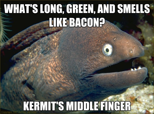 What's long, green, and smells like bacon? Kermit's middle finger  Bad Joke Eel