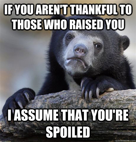 If you aren't thankful to those who raised you I assume that you're spoiled  Confession Bear