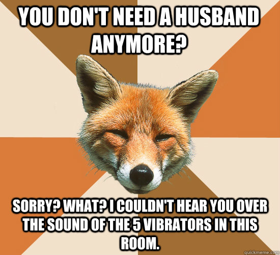 You don't need a husband anymore?  Sorry? What? I couldn't hear you over the sound of the 5 vibrators in this room.   Condescending Fox