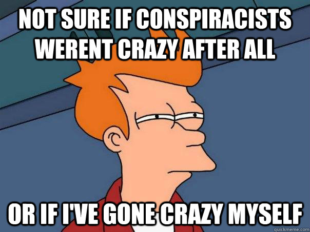 not sure if conspiracists werent crazy after all or if i've gone crazy myself - not sure if conspiracists werent crazy after all or if i've gone crazy myself  Futurama Fry