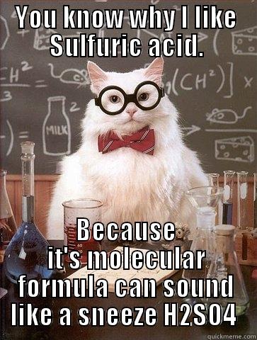 youwhy i like Sulfuric acid - YOU KNOW WHY I LIKE SULFURIC ACID. BECAUSE IT'S MOLECULAR FORMULA CAN SOUND LIKE A SNEEZE H2SO4  Chemistry Cat