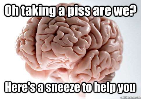 Oh taking a piss are we? Here's a sneeze to help you   Scumbag Brain