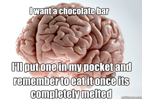 I want a chocolate bar I'll put one in my pocket and  remember to eat it once its completely melted  Scumbag Brain