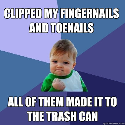 Clipped my fingernails and toenails All of them made it to the trash can  Success Kid