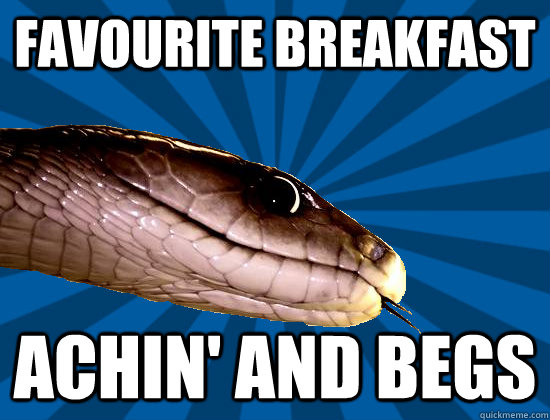 Favourite Breakfast achin' and begs  Spoonerism Snake