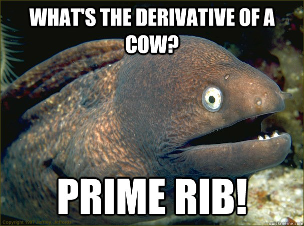 What's the derivative of a cow? Prime rib!  Bad Joke Eel