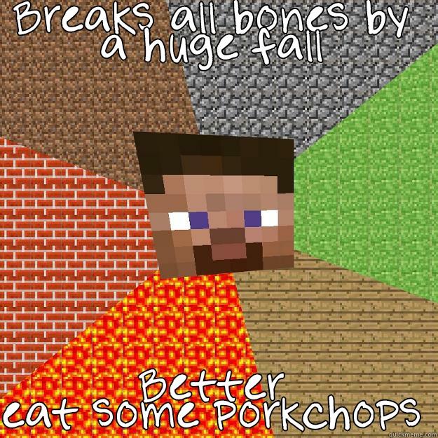 BREAKS ALL BONES BY A HUGE FALL BETTER EAT SOME PORKCHOPS Minecraft