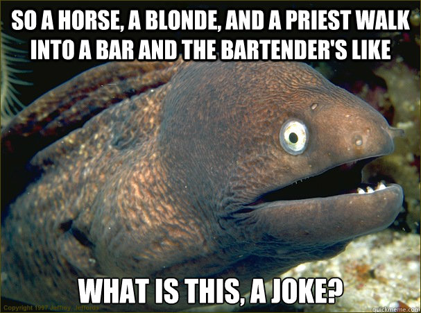 So a horse, a blonde, and a priest walk into a bar and the bartender's like What is this, a joke?  Bad Joke Eel