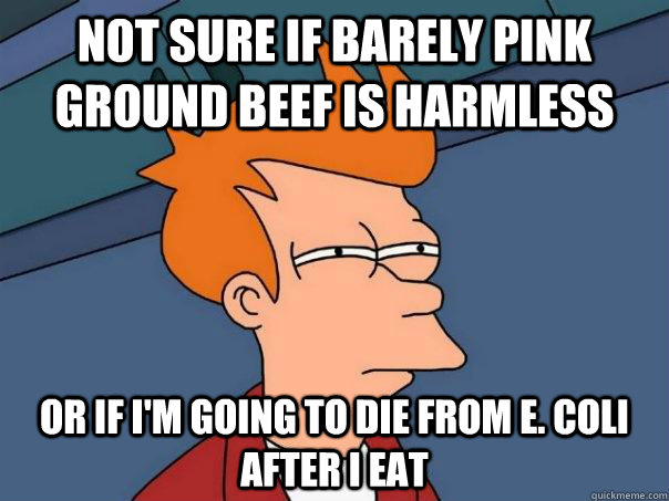 Not sure if barely pink ground beef is harmless Or if I'm going to die from E. Coli after I eat  Futurama Fry