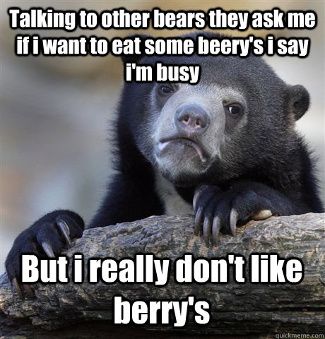 Talking to other bears they ask me if i want to eat some beery's i say i'm busy But i really don't like berry's  Confession Bear