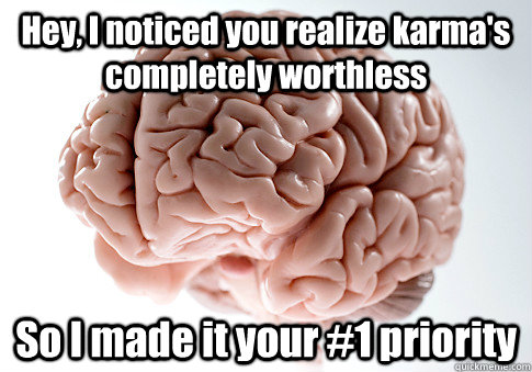 Hey, I noticed you realize karma's completely worthless So I made it your #1 priority   Scumbag Brain