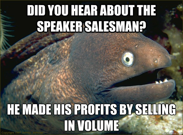 Did you hear about the speaker salesman? he made his profits by selling in volume  Bad Joke Eel