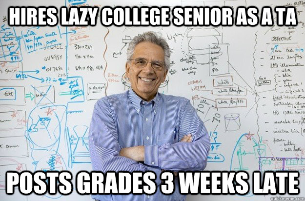 hires lazy college senior as a TA Posts grades 3 weeks late  Engineering Professor