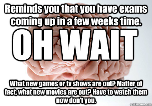 Reminds you that you have exams coming up in a few weeks time. What new games or tv shows are out? Matter of fact, what new movies are out? Have to watch them now don't you. OH WAIT  Scumbag Brain