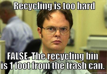         RECYCLING IS TOO HARD             FALSE. THE RECYCLING BIN IS 1 FOOT FROM THE TRASH CAN. Schrute