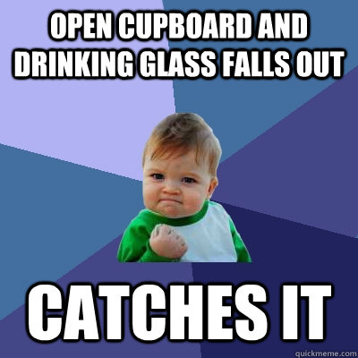 open cupboard and drinking glass falls out catches it - open cupboard and drinking glass falls out catches it  Success Kid