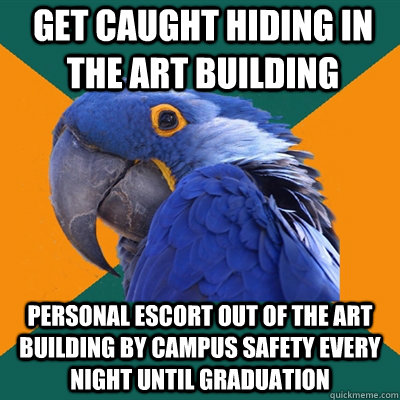Get caught hiding in the art building Personal escort out of the art building by campus safety every night until graduation - Get caught hiding in the art building Personal escort out of the art building by campus safety every night until graduation  Paranoid Parrot