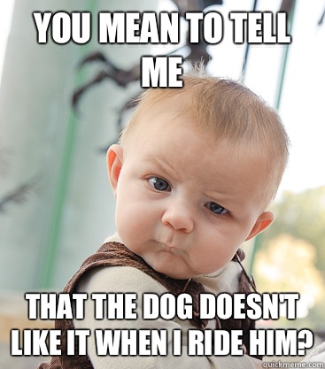 you mean to tell me That the dog doesn't like it when I ride him?  skeptical baby