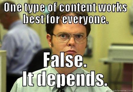 ONE TYPE OF CONTENT WORKS BEST FOR EVERYONE. FALSE. IT DEPENDS. Dwight