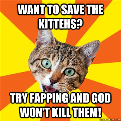 Want to save the kittehs?  try fapping and god won't kill them!    Bad Advice Cat