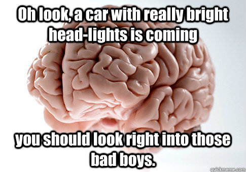 Oh look, a car with really bright head-lights is coming  you should look right into those bad boys.  Scumbag Brain