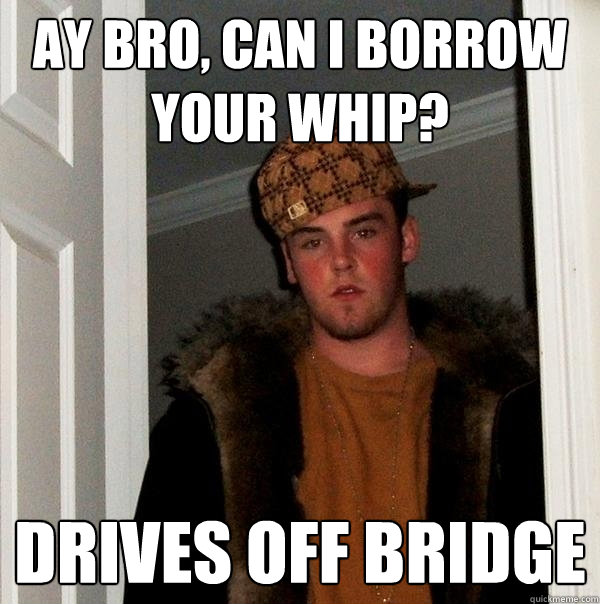 Ay bro, can I Borrow your whip? Drives off bridge  Scumbag Steve