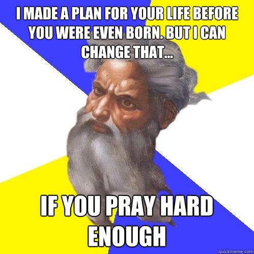 i made a plan for your life before you were even born. but i can change that... if you pray hard enough  Advice God