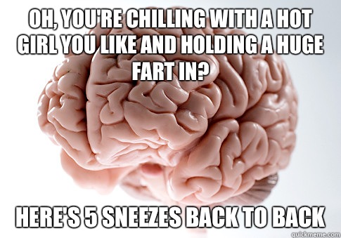 Oh, you're chilling with a hot girl you like and holding a huge fart in? Here's 5 sneezes back to back  Scumbag Brain