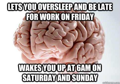 lets you oversleep and be late for work on Friday wakes you up at 6am on Saturday and Sunday  Scumbag Brain