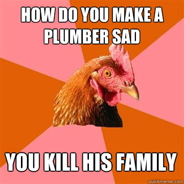 how do you make a plumber sad you kill his family  Anti-Joke Chicken