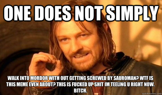 ONE DOES NOT SIMPLY WALK INTO MORDOR WITH OUT GETTING SCREWED BY SAUROMAN? WTF IS THIS MEME EVEN ABOUT? THIS IS FUCKED UP SHIT IM TEELING U RIGHT NOW. 
BITCH.   One Does Not Simply