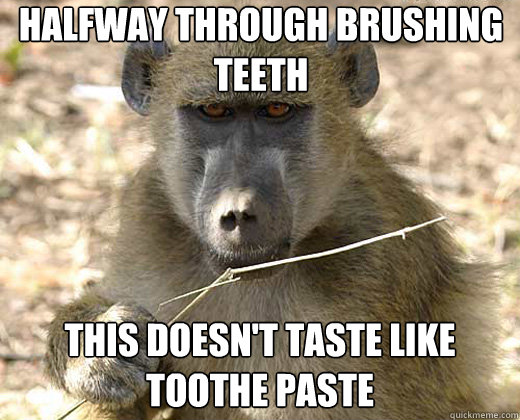 halfway through brushing teeth this doesn't taste like toothe paste  Bad Morning Baboon