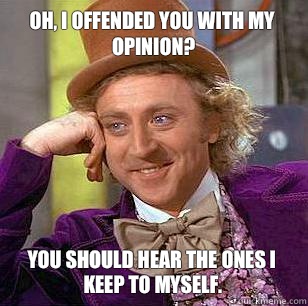 Oh, I offended you with my opinion? You should hear the ones I keep to myself.  Condescending Wonka