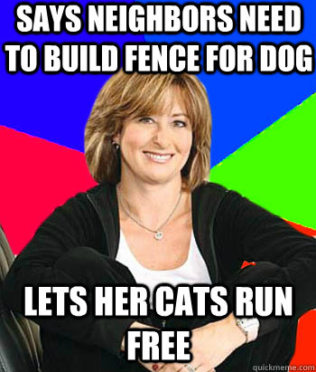 Says neighbors need to build fence for dog lets her cats run free  Sheltering Suburban Mom