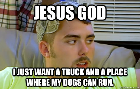 Jesus God I just want a truck and a place where my dogs can run. - Jesus God I just want a truck and a place where my dogs can run.  Corey