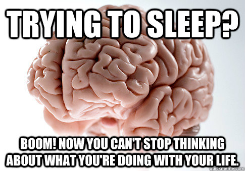 Trying to sleep? BOOM! Now you can't stop thinking about what you're doing with your life.  Scumbag Brain