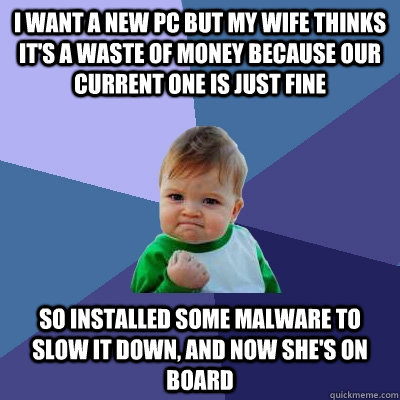 I want a new pc but my wife thinks it's a waste of money because our current one is just fine so installed some malware to slow it down, and now she's on board   Success Kid