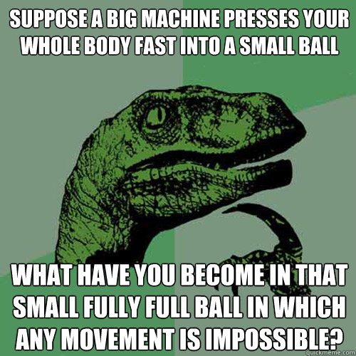 suppose a big machine presses your whole body fast into a small ball what have you become in that small fully full ball in which any movement is impossible?  Philosoraptor