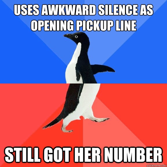 Uses awkward silence as opening pickup line Still got her number  Socially Awkward Awesome Penguin