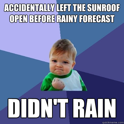 Accidentally left the sunroof open before rainy forecast didn't rain - Accidentally left the sunroof open before rainy forecast didn't rain  Success Kid