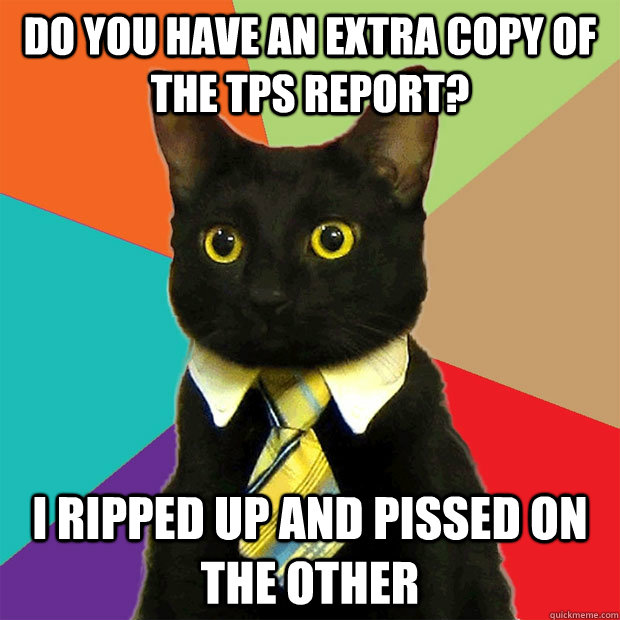 Do you have an extra copy of the TPs report? I ripped up and pissed on the other  Business Cat