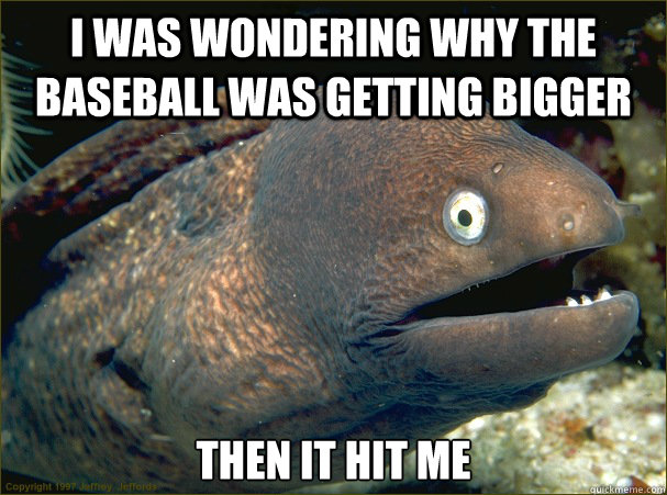 I was wondering why the baseball was getting bigger Then it hit me  Bad Joke Eel