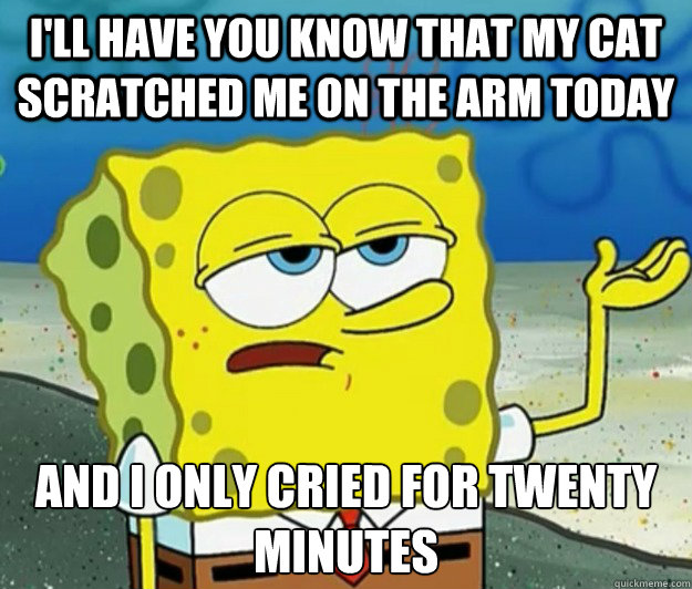 I'll have you know that my cat scratched me on the arm today And I only cried for twenty minutes  Tough Spongebob