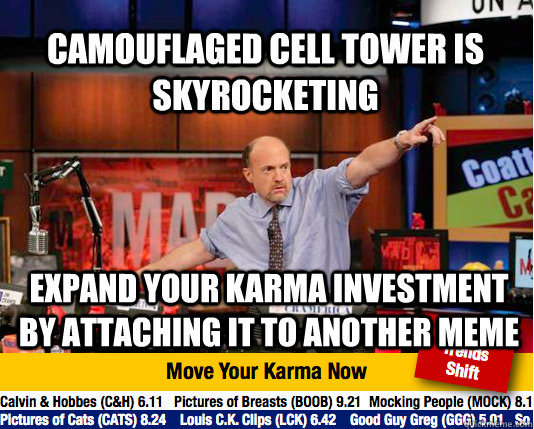 Camouflaged cell tower is skyrocketing expand your karma investment by attaching it to another meme  Mad Karma with Jim Cramer