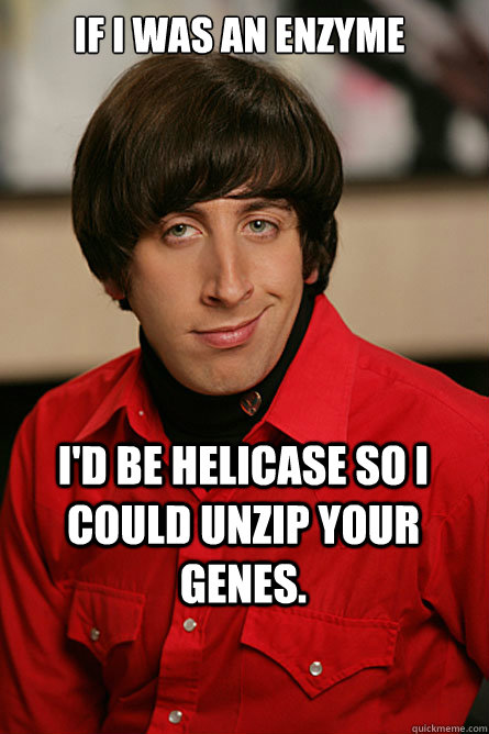 If I was an enzyme I'd be helicase so I could unzip your genes.  Pickup Line Scientist