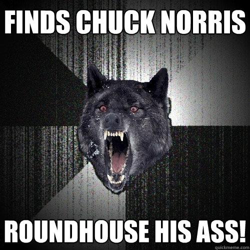 Finds Chuck Norris Roundhouse his ass!  Insanity Wolf